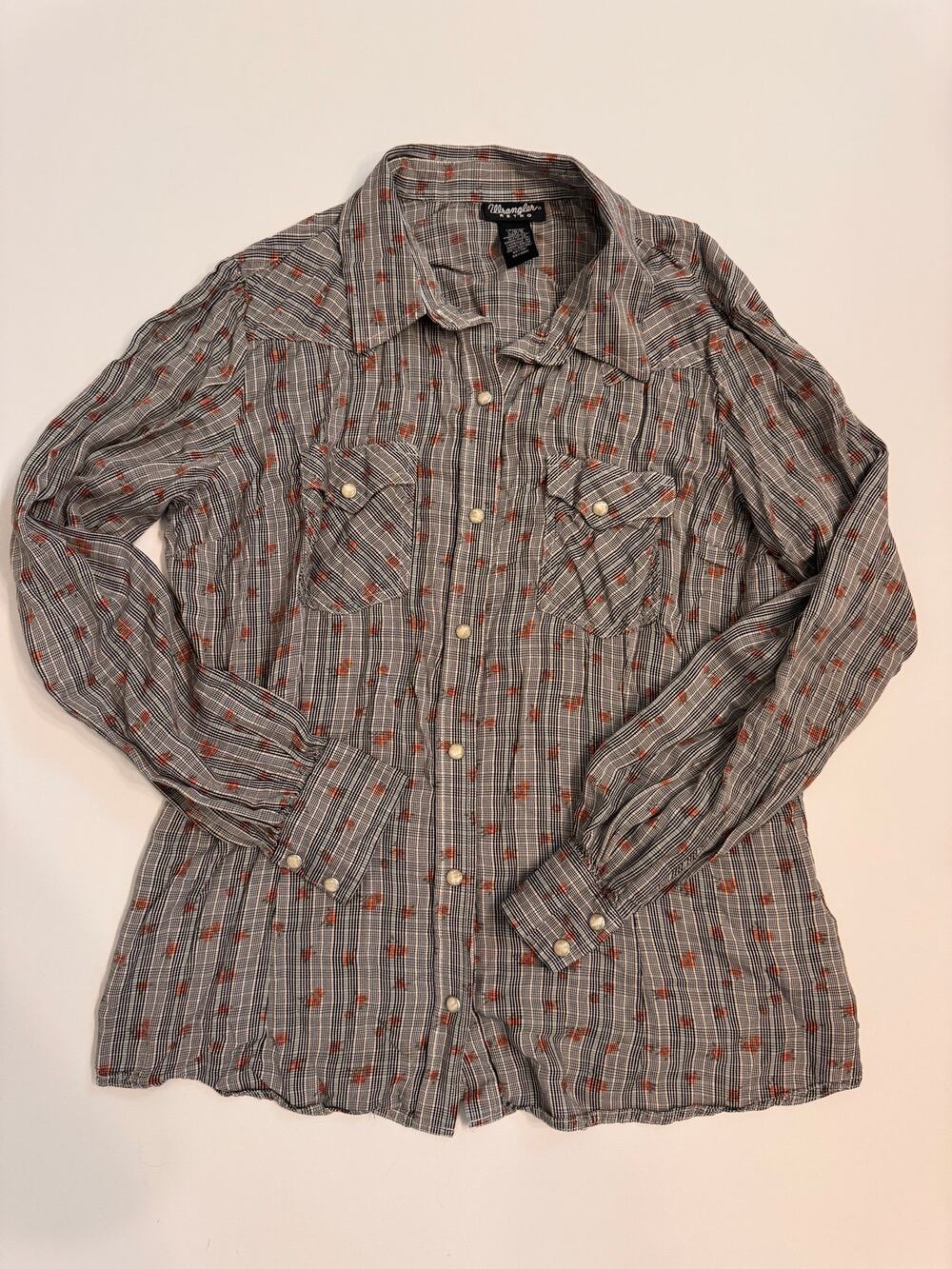 Wrangler Retro Women's Pearl Snap Floral Plaid Shirt Size L Black/White/Pink